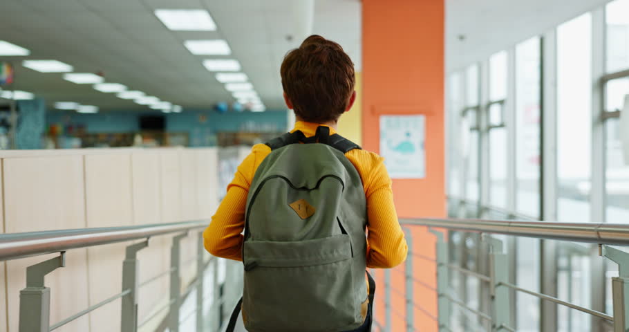 Back, child and backpack in walking, corridor and teenager for classroom, lesson or recess at campus or academy. Pupil, boy and growth for education, development and scholarship in learning or school