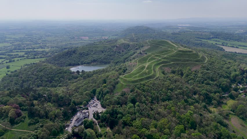 An aerial view of British Camp Hill Fort the Iron Age ruin in the Malvern Hills in Herefordshire Beacon, England
