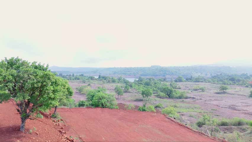 Aerial view of Scenic Landscape with Trees and Water, featuring lush greenery, and a vast open area, Patches reddish brown soil, The background includes water body, serene natural environment, India