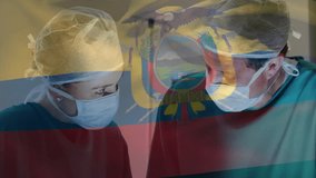 Animation of flag of ecuador over caucasian surgeons during surgery. Medicine, patriotism and digital interface concept digitally generated video. - Powered by Shutterstock - Get 15% off with code: PIKWIZARD15