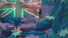 Animation of flag of australia over caucasian surgeons during surgery. Medicine, patriotism and digital interface concept digitally generated video. - Powered by Shutterstock - Get 15% off with code: PIKWIZARD15