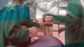 Animation of flag of chile over caucasian surgeons during surgery. Medicine, patriotism and digital interface concept digitally generated video. - Powered by Shutterstock - Get 15% off with code: PIKWIZARD15