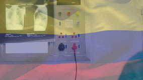 Animation of flag of colombia over caucasian surgeons during surgery. Medicine, patriotism and digital interface concept digitally generated video. - Powered by Shutterstock - Get 15% off with code: PIKWIZARD15