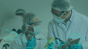 Animation of data processing and chemical formula over diverse scientists working in lab. Global medicine, science and digital interface concept digitally generated video. - Powered by Shutterstock - Get 15% off with code: PIKWIZARD15