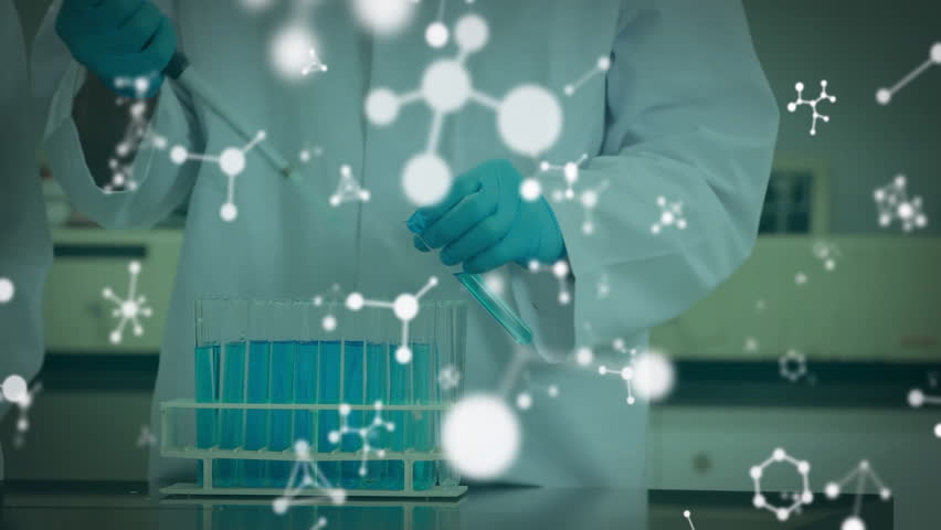 Animation of molecules over caucasian male scientist working in lab. Global medicine, science and digital interface concept digitally generated video.
