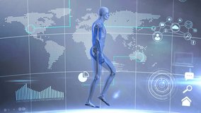 Animation of digital human model over data processing with world map on black background. Global connections, science, medicine and digital interface concept digitally generated video. - Powered by Shutterstock - Get 15% off with code: PIKWIZARD15