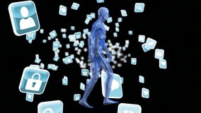 Animation of digital human model over technology icons on black background. Global connections, science, medicine and digital interface concept digitally generated video. - Powered by Shutterstock - Get 15% off with code: PIKWIZARD15