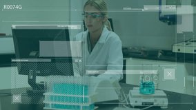 Animation of data processing over caucasian female scientist working in lab. Global medicine, science and digital interface concept digitally generated video. - Powered by Shutterstock - Get 15% off with code: PIKWIZARD15