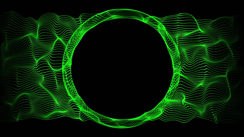 Abstract green ring made of floating strings with round empty space on a black background with bright glow effect. Elegant surreal animation with blank place for text or logo. Seamless loop , 4K 60fps