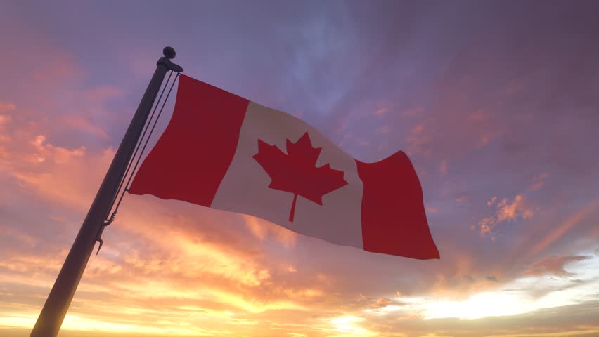 Canada Flag on a Pole with Sunset Sky Evening Sunrise Background 3D Render