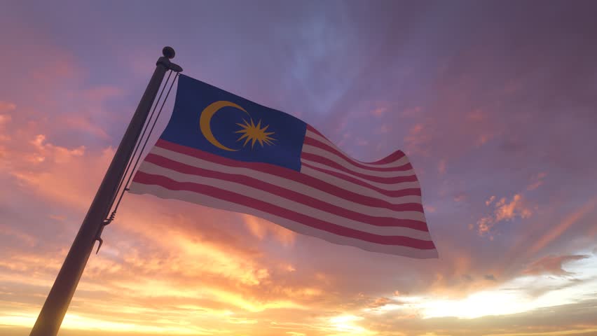 Malaysia Flag on a Pole with Sunset Sky Evening Sunrise Background 3D Render