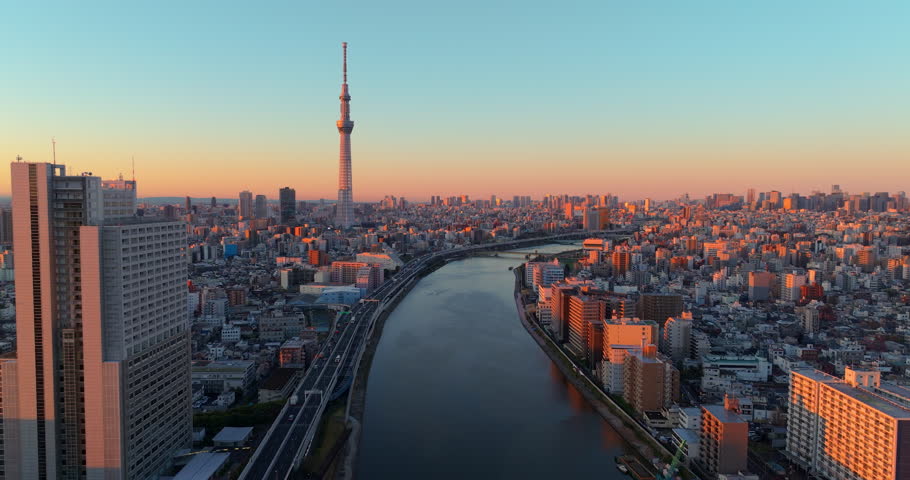 TOKYO JAPAN. Aerial view 4k video by drone of Tokyo sky tree in Tokyo city Japan on sunrise.