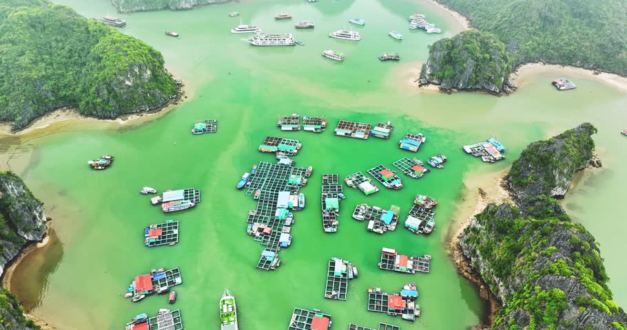 Aerial view of Cai Beo floating village in Lan Ha Bay, South of Ha Long Bay, Vietnam.