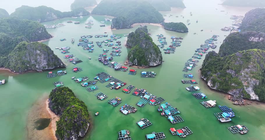 Aerial view of Cai Beo floating village in Lan Ha Bay, South of Ha Long Bay, Vietnam.