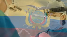 Animation of flag of ecuador over caucasian surgeons wearing face masks. Medicine, patriotism and digital interface concept digitally generated video. - Powered by Shutterstock - Get 15% off with code: PIKWIZARD15