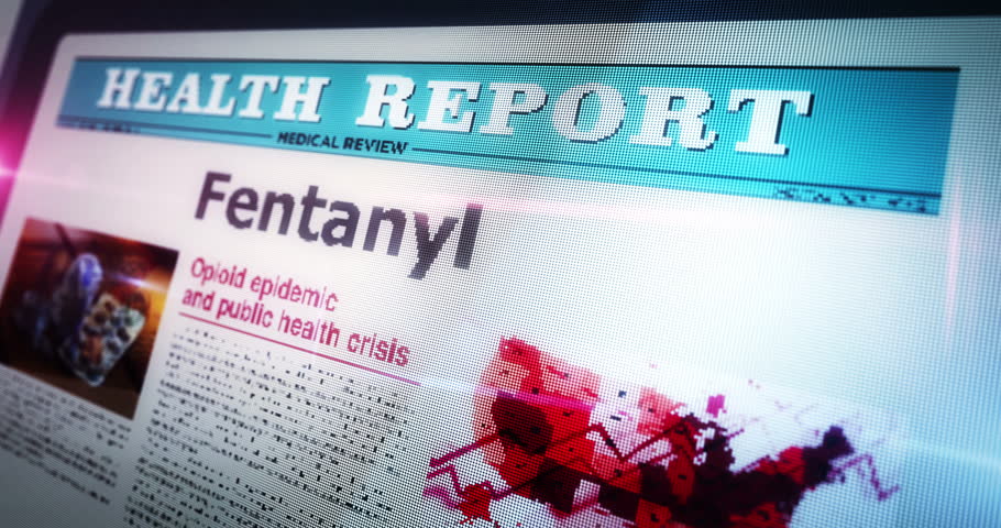 Fentanyl painkiller opioid crisis daily newspaper reading on mobile tablet computer screen. Touch screen with headlines news abstract concept 3d.