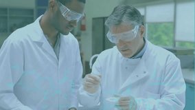 Animation of data processing and chemical formula over diverse scientists working in lab. Global science, medicine, computing and digital interface concept digitally generated video. - Powered by Shutterstock - Get 15% off with code: PIKWIZARD15
