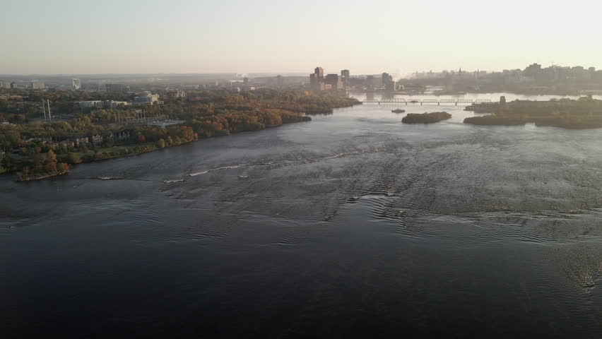 An aerial view of the scenic Ottawa River in Ottawa, Ontario Canada in the fall