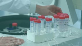 Animation of data processing and chemical formula over caucasian male scientist holding vials in lab. Global science, medicine, computing and digital interface concept digitally generated video. - Powered by Shutterstock - Get 15% off with code: PIKWIZARD15