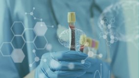 Animation of data processing with brains and molecules over caucasian doctor holding vial in lab. Global science, medicine, computing and digital interface concept digitally generated video. - Powered by Shutterstock - Get 15% off with code: PIKWIZARD15