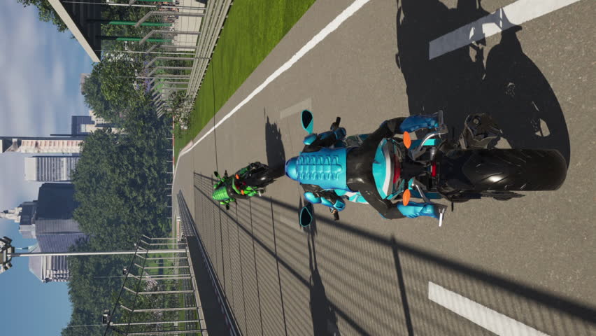Vertical video of the virtual racing game animation. Vertical video of a competitive computer video race animation. Vertical video of racing simulator challenge animation. Biker.