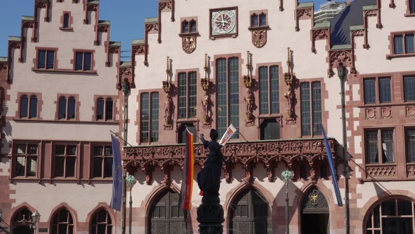 Europe and Germany flag on display, Frankfurt buildings reconstructed old town
