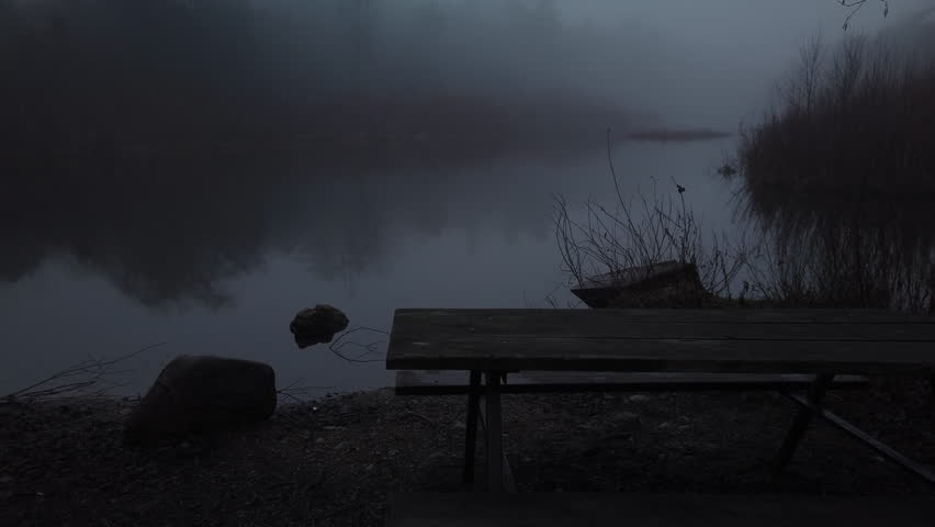 Foggy lake in the morning with bench, rocks and trees, tilt up