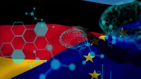 Animation of data processing with brain and molecules over flag of germany and eu. Global science, computing and digital interface concept digitally generated video. - Powered by Shutterstock - Get 15% off with code: PIKWIZARD15