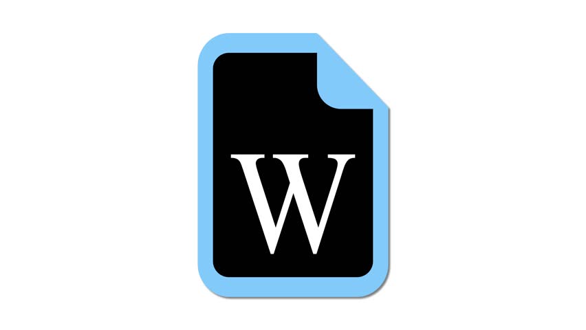 An icon representing a document with a stylized 'W' in white on a black background, framed by a light blue border.