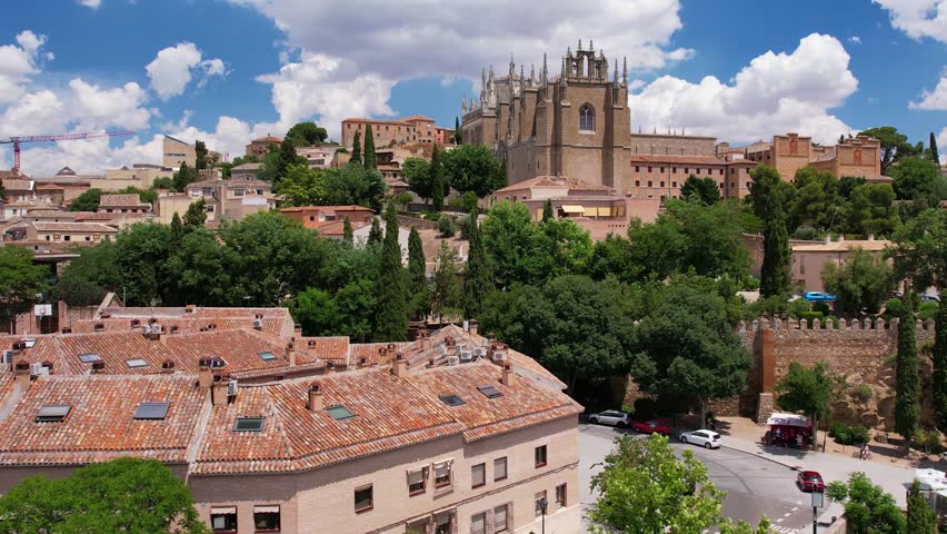 Aerial view of Toledo. Historical medieval building with Monasterio de San Juan de los Reyes. Spain. Europe