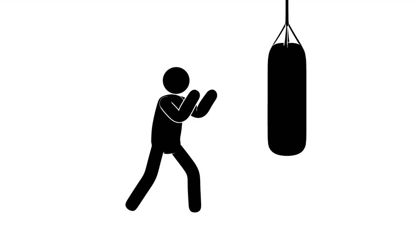 Stickman kicks the bag - kickboxing training. Pictogram man delivers powerful kicks to a heavy bag. Looped animation with alpha channel.