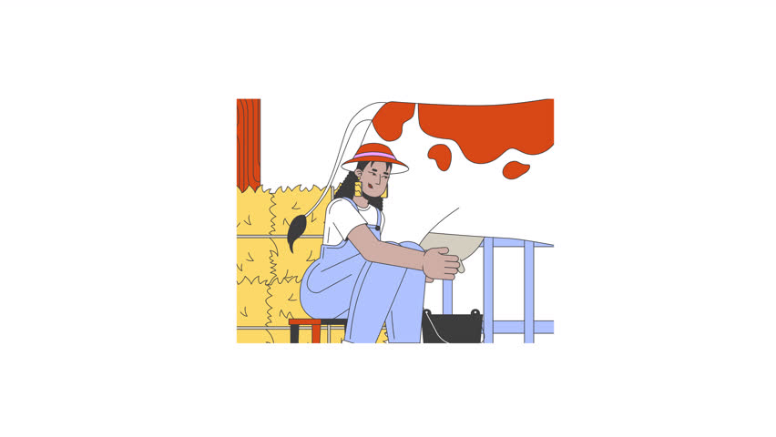 Latin american milkmaid milking cow line 2D character animation. Farm worker with cattle flat color cartoon 4K video, alpha channel. Dairy farmer latina woman animated person on white background