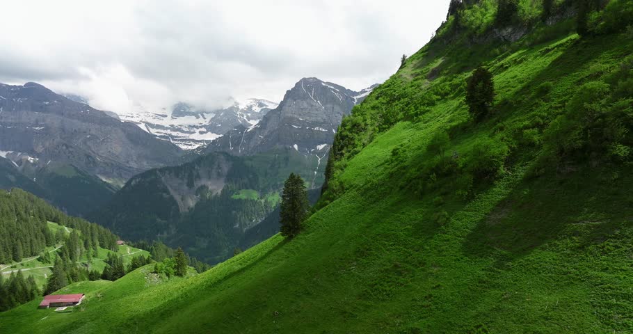A Mesmerizing drone view of swiss alps with snow peaks ad grass hills