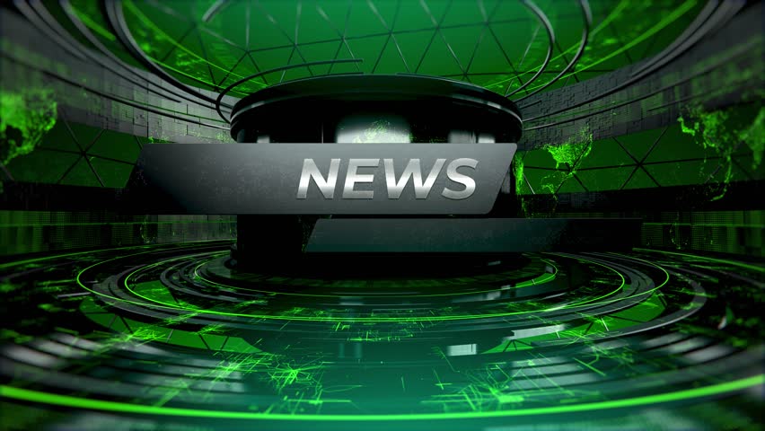 Technology and information breaking news intro 3d animation in green scene with glowing high tech details for broadcast and internet tv channel