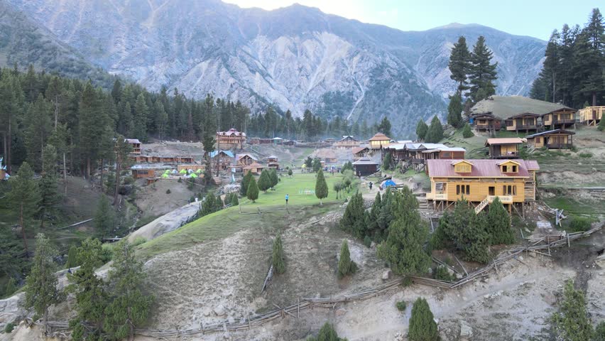 An aerial of Fairy Meadows, Beyal Camp, Nanga Parbat basecamp, Diamer, Gilgit Baltistan, Pakistan.