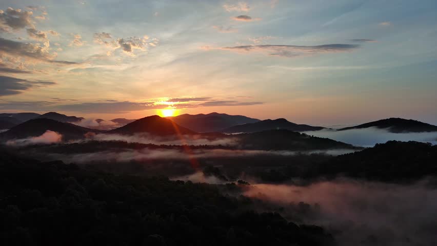 Dramatic aerial sunrise over the mountains of upstate South Carolina 