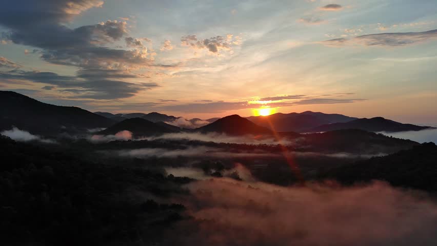 Dramatic aerial sunrise over the mountains of upstate South Carolina 
