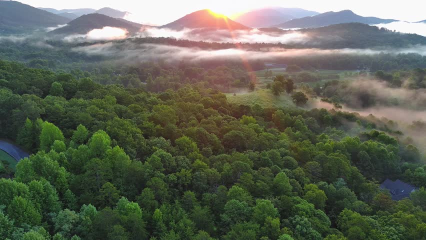 Dramatic aerial sunrise over the mountains of upstate South Carolina 
