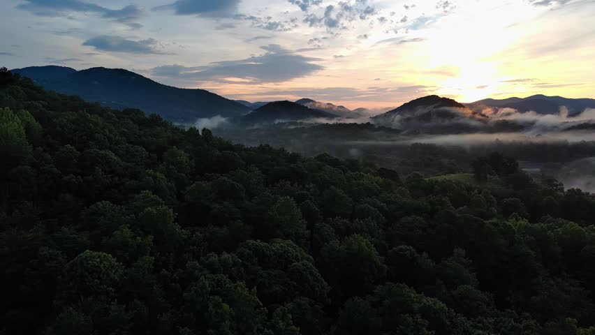Dramatic aerial sunrise over the mountains of upstate South Carolina 