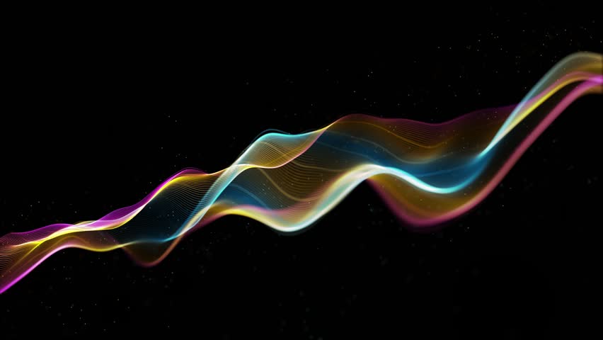 Multi-colored stream black background. Color wave diagonally. A looped linear stripe that flows smoothly. Rainbow smoke with dust particles. Movement of smooth energy yellow, pink, blue colors.
