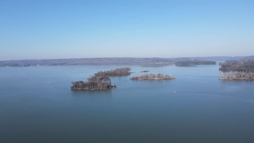 An aerial view of a group of islands on Guntersville Lake