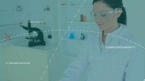 Animation of data processing over caucasian female scientist working in lab. Science, technology and digital interface concept digitally generated video. - Powered by Shutterstock - Get 15% off with code: PIKWIZARD15
