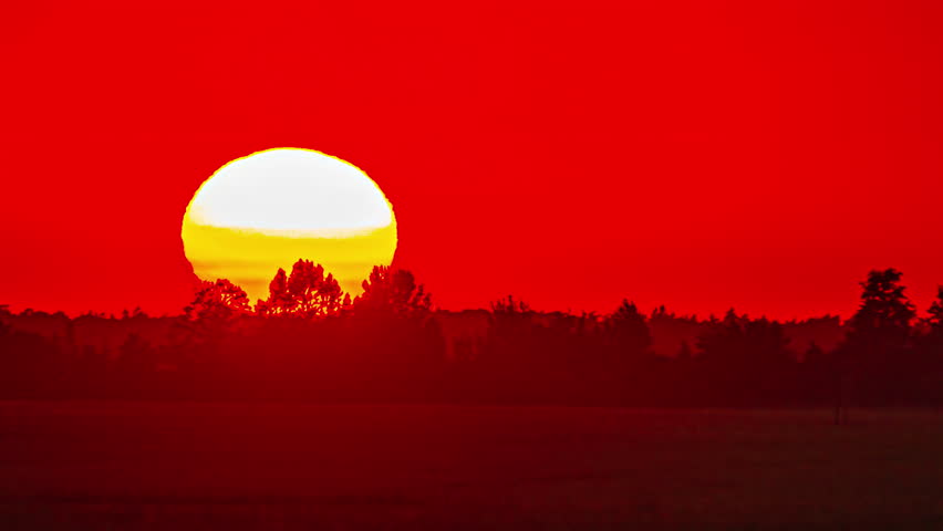 Glowing fiery sunset beyond the trees in silhouette - zoomed in time lapse at dusk