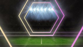 Animation of neon shapes moving over stadium. Sport, technology and digital interface concept digitally generated video. - Powered by Shutterstock - Get 15% off with code: PIKWIZARD15