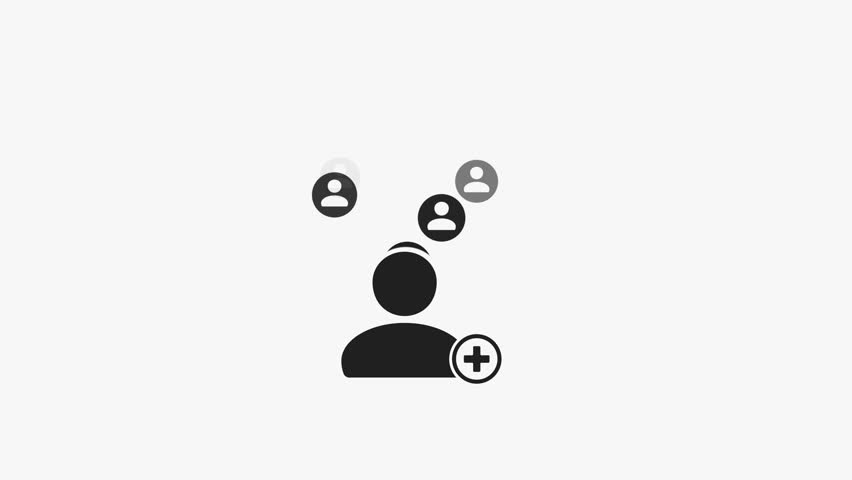 Loop animation of black white icon representing adding new user, with large user icon and smaller user icons floating upwards, indicating new connections or followers, Ideal for social media
