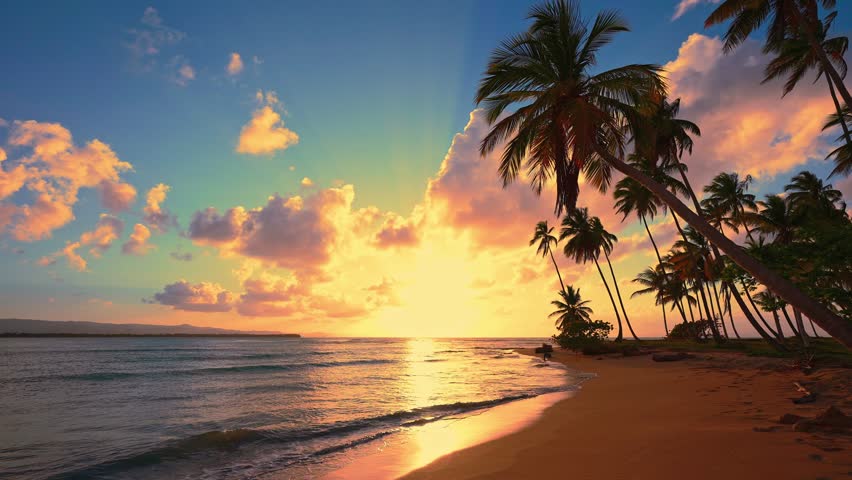 Beautiful evening sea view with horizon and colorful twilight sky. Outdoor view of ocean and beach with tropical palm trees during sunrise for holiday vacation and travel. Tropical sunset background.
