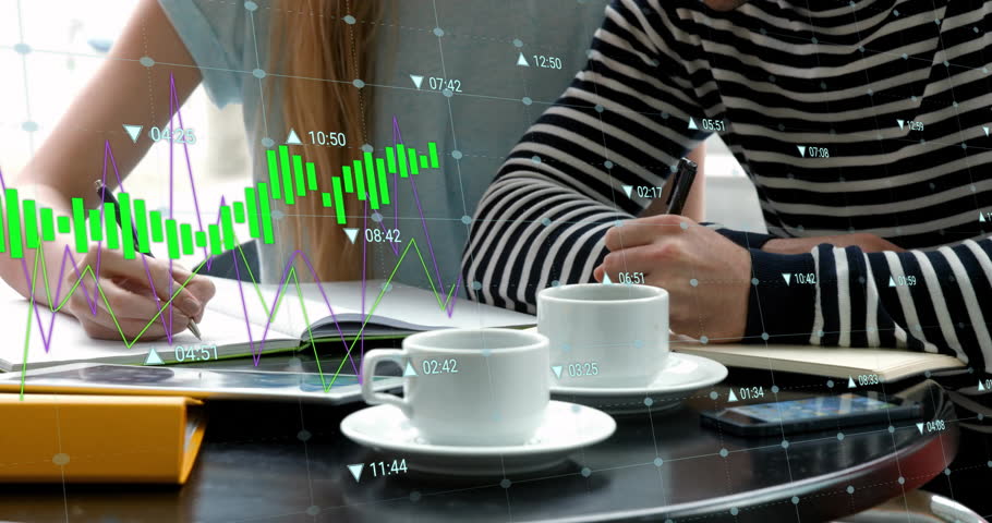Animation of financial data processing over diverse students taking notes in cafe. Global education, finances, computing and digital interface concept digitally generated video.