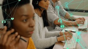 Animation of network of connections over diverse colleagues using phone headsets in office. Global business, communication, connections and digital interface concept digitally generated video. - Powered by Shutterstock - Get 15% off with code: PIKWIZARD15