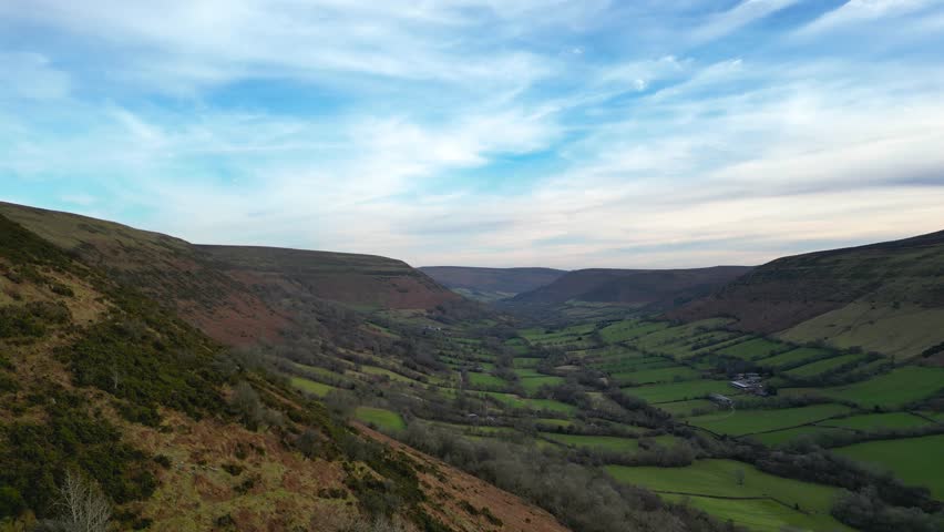 4K Drone video of valley Hay Bluff, Lord Herefords Knob, Brecon Beacons National Park, Wales. Near Hay on Wye, Powys in February. Forward motion.