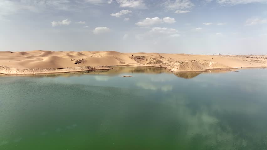 Aerial spectacular view at Al Wathba Wetland Reserve in Abu Dhabi, UAE | coastal salt flat (sabkha) lakes